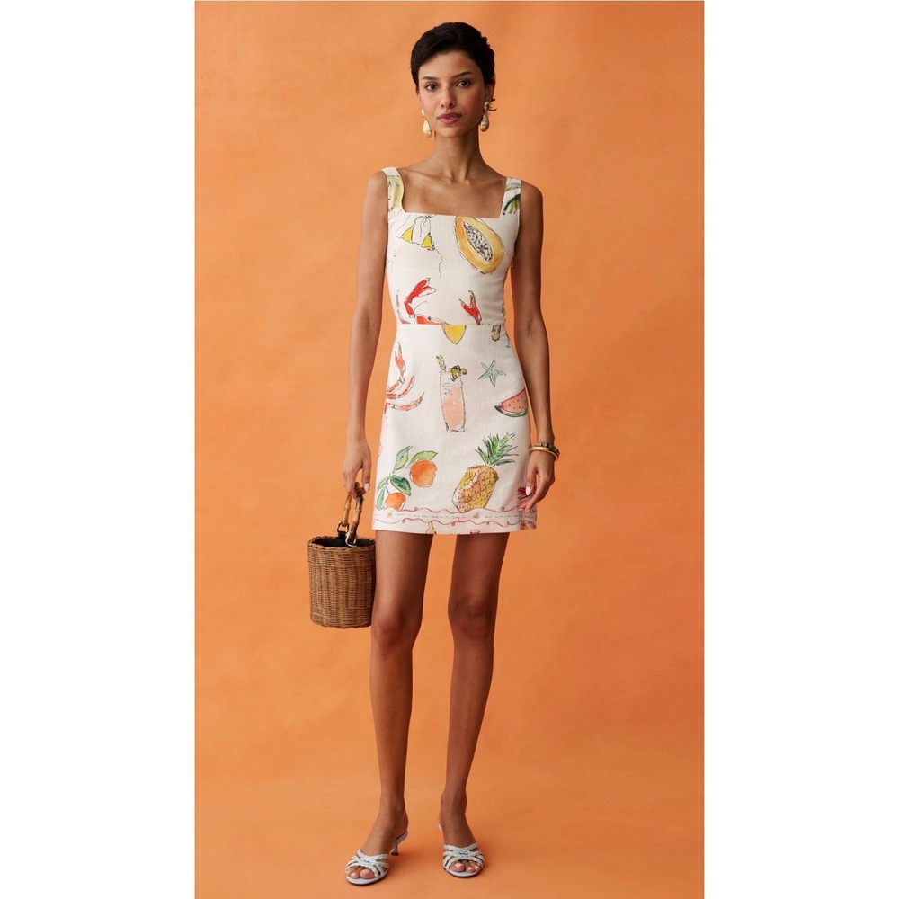 Few Moda ANAYA Women White Beach Watercolor Print Linen Blend Smocked Mini Dress